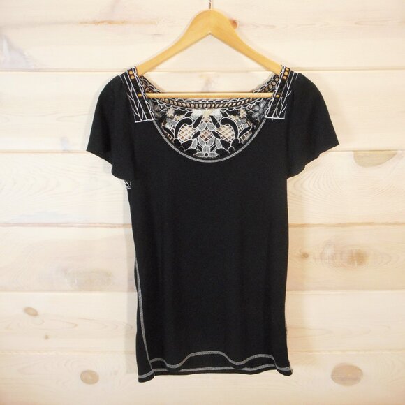 Y2K Energie Top Juniors Size XL Black w/ Floral Lace Back 2000s Tee Short Sleeve - Picture 1 of 10